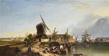 Alfred George Stannard : The Thames at Deptford with Greenwich to the left and a windmill and The Royal Naval College beyond