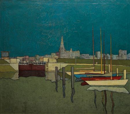 Leon Smets : Moored yachts in front of buildings