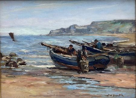 James William Booth : Cobles on the Beach at Runswick Bay