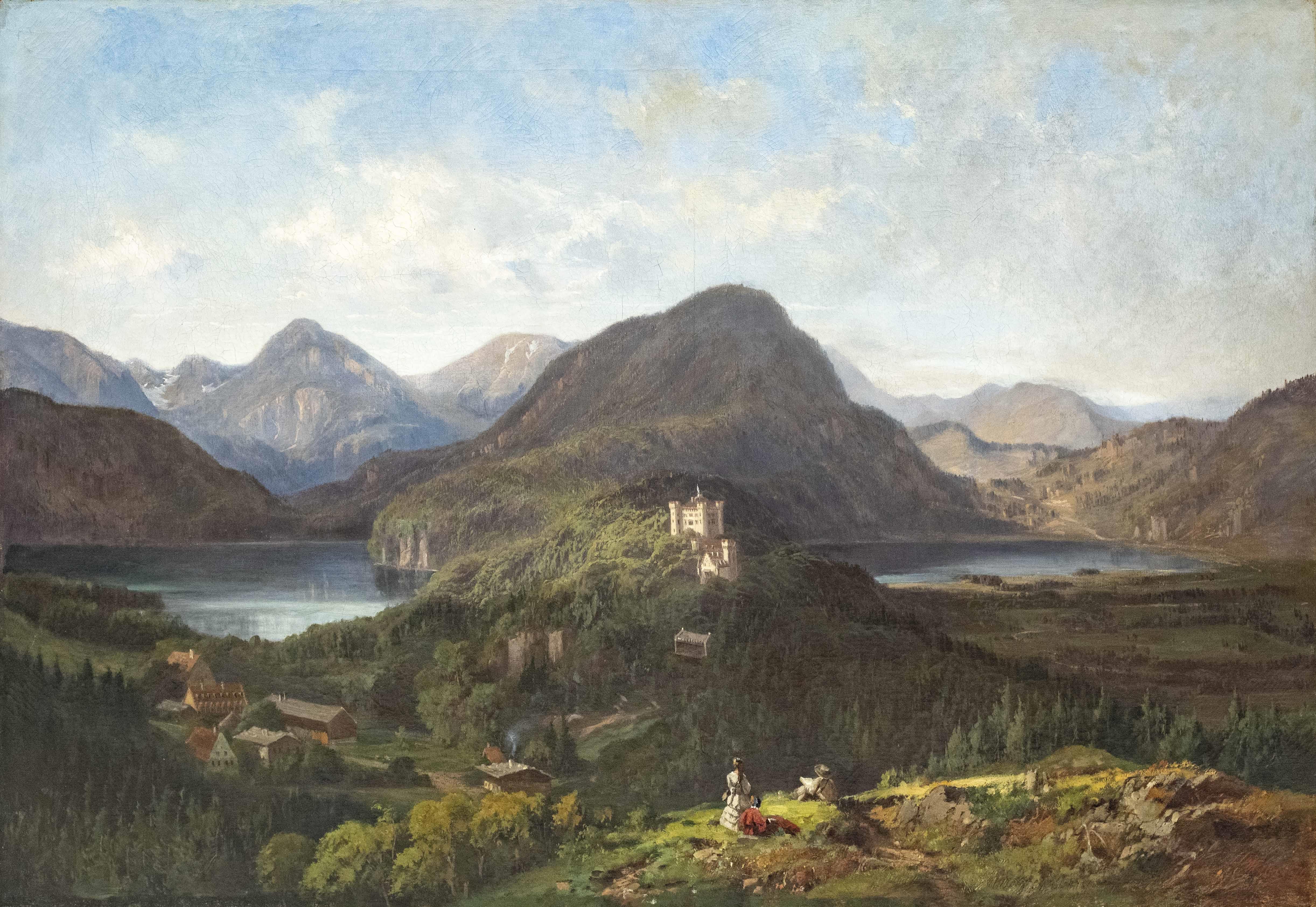 Joseph Hahn : Hohenschwangau Castle between Alpsee and Schwansee with staffage