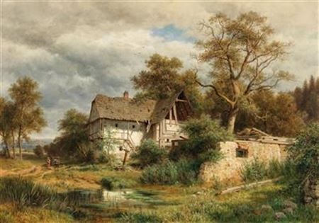 Ludwig Georg Eduard Halauska : A Dilapidated Farmyard in the Laabach Valley near Kaumberg