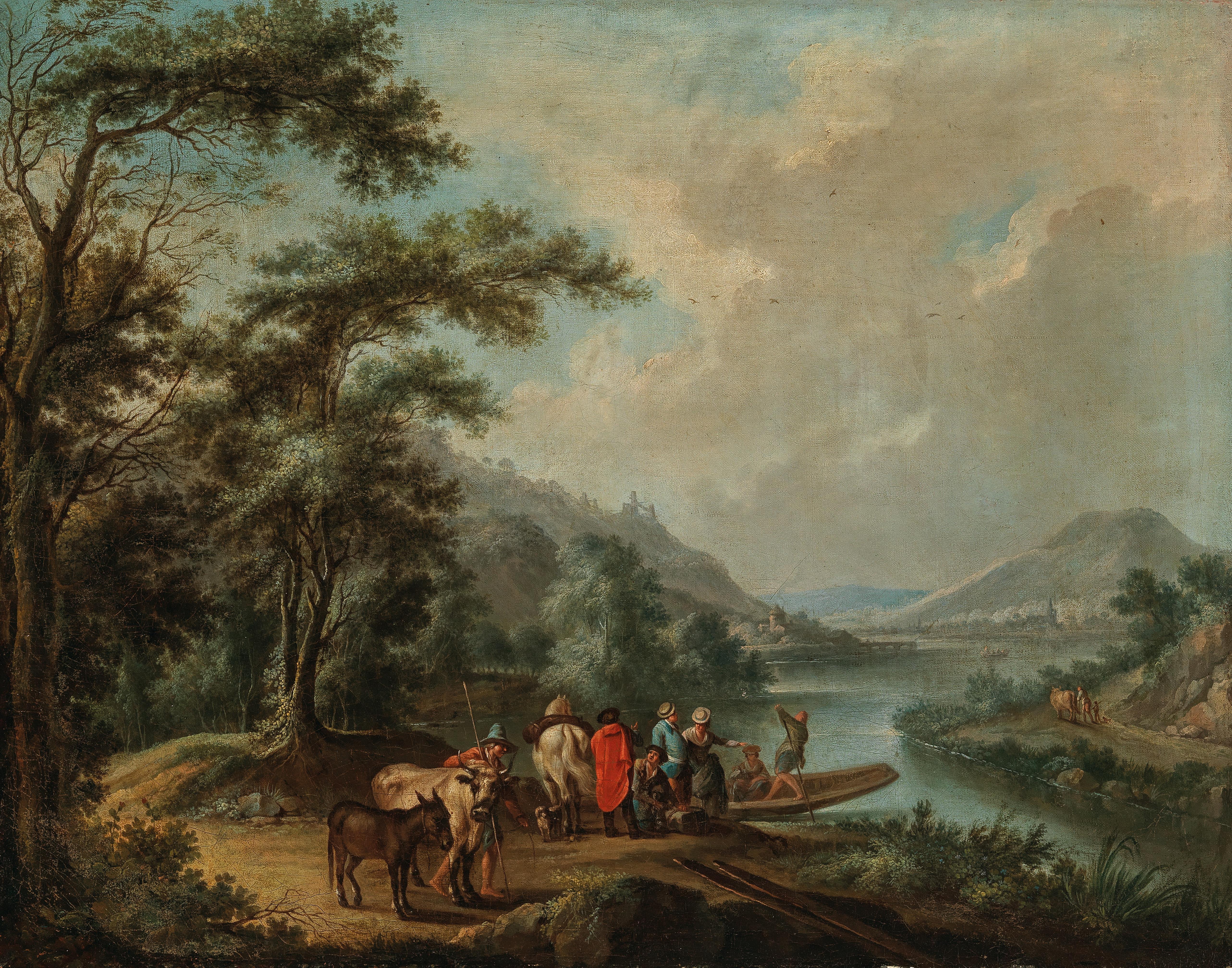 Christian Georg I Schutz : A Rhine landscape with a ferry, near Bonn with the Rolandsbogen, Drachenfels and the island of Nonnenwerth beyond