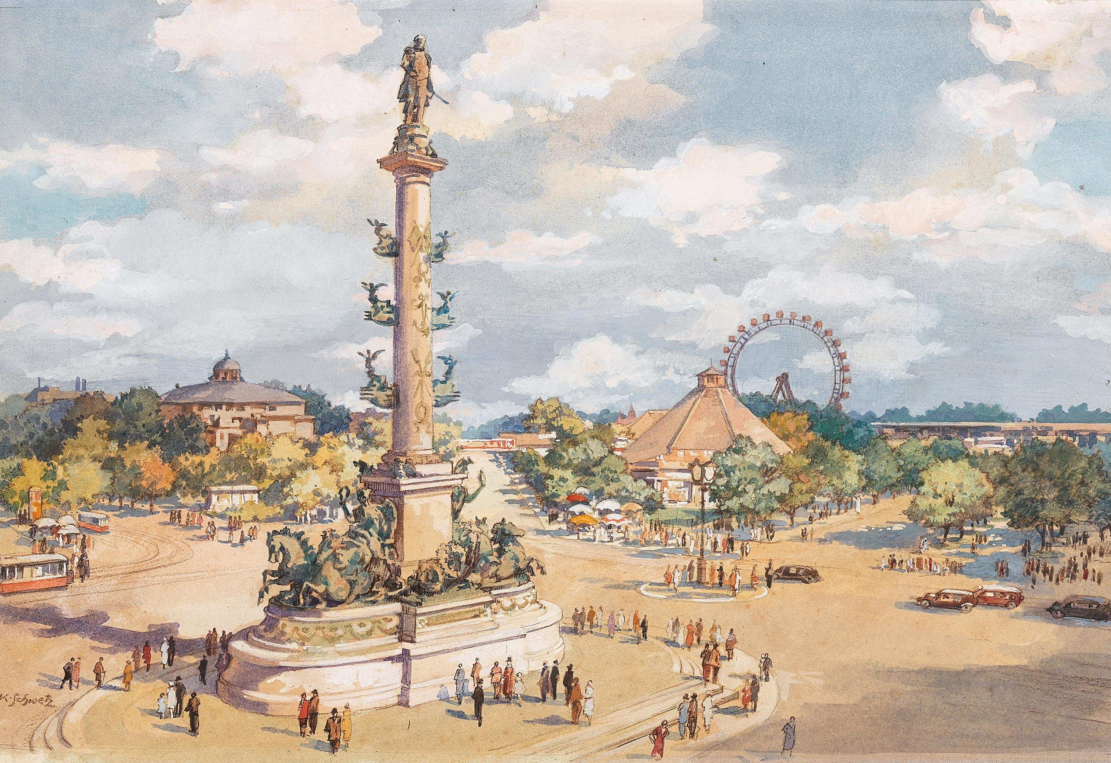 Karl Schwetz : Praterstern in Vienna, Tegetthof Monument and Riesenrad in the background