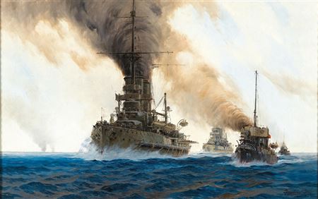 August Von Ramberg : The Imperial and Royal War Fleet at Sea, Battleships VIRIBUS UNITIS and TEGETTHOFF Accompanied by Torpedo Boats