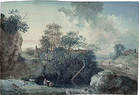 Johan Georg Wagner : Hilly landscape with a farmstead; rocky landscape with goatherds at a small waterfall near a pond (pair)