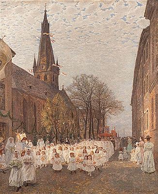 Hubert Ritzenhofen : Procession des premiers communiants le long de l'église St. Lambertius à Duesseldorf