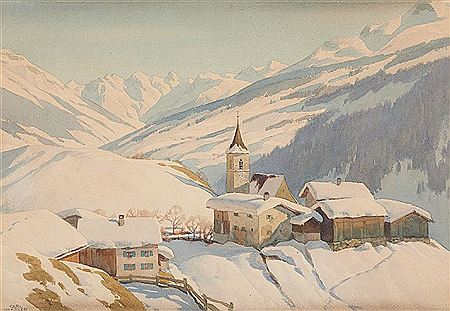 Carl Kessler : Village de montagne sous la neige dans les Grisons.