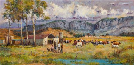 Phillip Britz : Rural Scene with Figures & Cattle