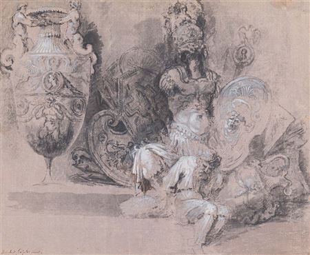 Guillaume Boichot : Trophée d'armes au vase, boucliers, armure et fi gure enchaînée