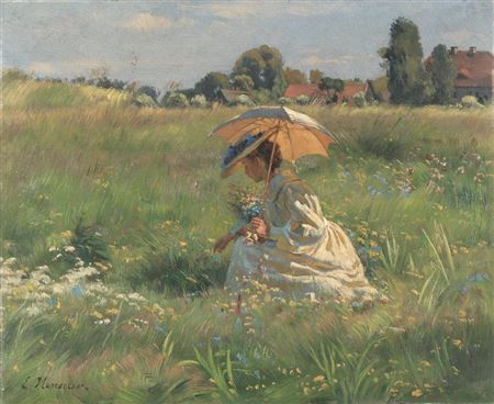 Ernst Henseler : Lady with a parasol picking flowers (Forget-me-not)