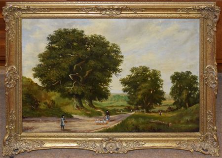 Robert Mallett : COUNTRY LANDSCAPE WITH FIGURES IN A LANE