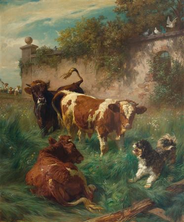 Rudolf Koller : Cows and dog with peasants harvesting. 1864.