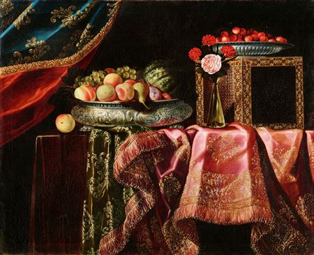 Antonio Gianlisi Jr : Flowers and Fruit in Silver Dishes on Silken DraperiesMusical Instruments (2)