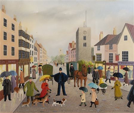 Pamela Cornell : Jean and Geordie with Bernie, Nero, Atom, Jasper & Oliver, on Oxford Highstreet