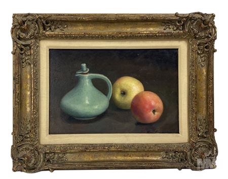 Teresa Condeminas : A still life study with a blue pitcher and two apples