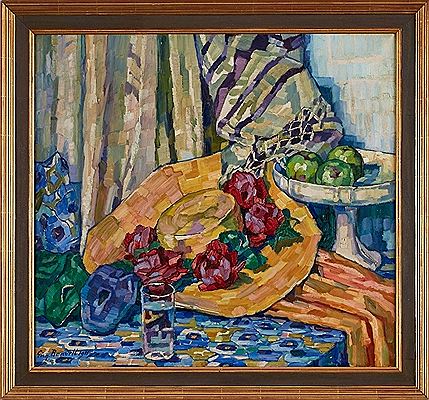 Eugenie Bandell : Still life with summer hat and apples