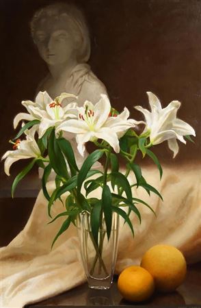 Conor Walton : Vase of Lilies with Citrus Fruit