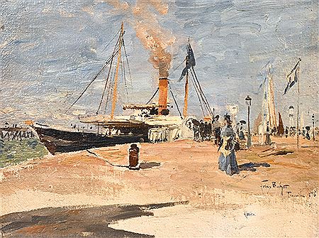 Felix-Hilaire Buhot : 'Trouville', elegant figures boarding a ship on the quay at Trouville