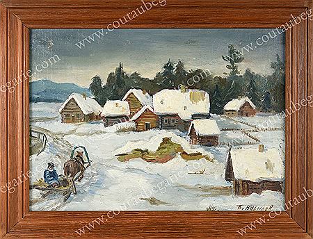 Boris Vassiloff : Troika arriving in a village under the snow