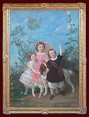 Eugène Faure : VERY IMPORTANT AND SENTIMENTAL PAINTING 'PORTRAIT OF CHILDREN AND A DOG'