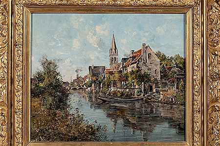 Emmanuel Lansyer : The bell tower of Beaulieu and old houses along the canal, 1891