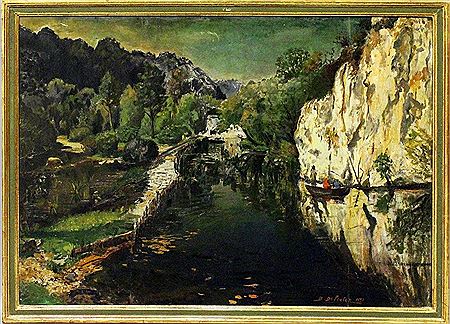 Bernard De Pooter : Impressionistic depiction of a mountain lake with two people in a boat