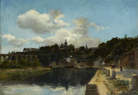 Georges Villain : View along a quayside with woodland beyond