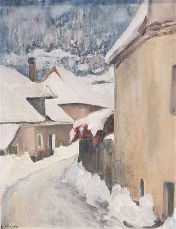 Edith Berger : Rue à Lalley dans le Trièves sous la neige.