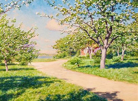 Johan Krouthen : Summer landscape with flowering fruit trees and lilac