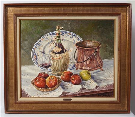 Adrien de Chanteloup : Still life of fruit, wine bottle, copper bucket, porcelain plater and a wine glass on a table