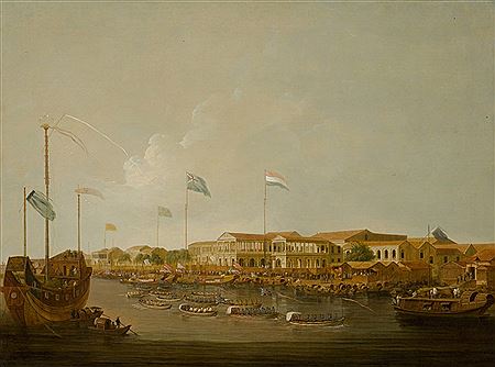 Thomas Daniell : The Hongs at Canton from the south-east, with a Regatta on the Pearl River