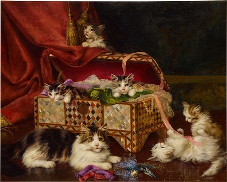 Jules Leroy : Kittens in Sewing Basket