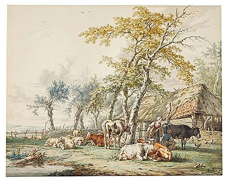 Jan Baptist Kobell II : Peasants and flocks before a barn