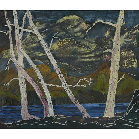 Frederick Remahl : Landscape of Trees Before a Body of Water and Mountains