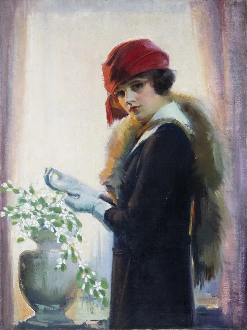 Guy Hoff : American Beauty in Red Hat Donning Gloves, circa 1915