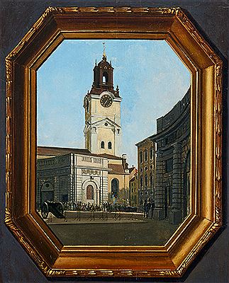 Carl Stephan Bennett : View from the outer courtyard at Stockholm Castle towards the Great Church in a frame - trompe l'oeil