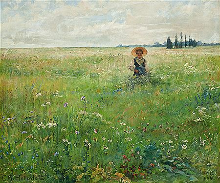 Carl Gustav Hellqvist : Girl on flower meadow