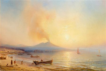 Theodore Antoine Gudin : THE GULF OF NAPLES WITH VIEW OF MOUNT VESUVIUS. 1845