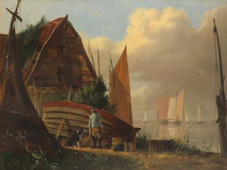 Joseph Stannard : Coastal scene with a fisherman and his dog