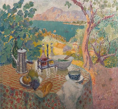 Joseph Louis Francois Lepine : Table and still life in front of the bay of Saint-Tropez