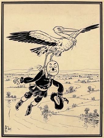 William Wallace Denslow : WIZARD OF OZ 'THE STORK BRINGS THE SCARECROW BACK TO HIS FRIENDS' ORIGINAL