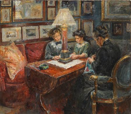 Hans Hendrik Henningsen : Interior with three women at a table.