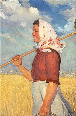 Anna Kirstine Brondum Ancher : A young harvest worker walking in front of a ripe cornfield