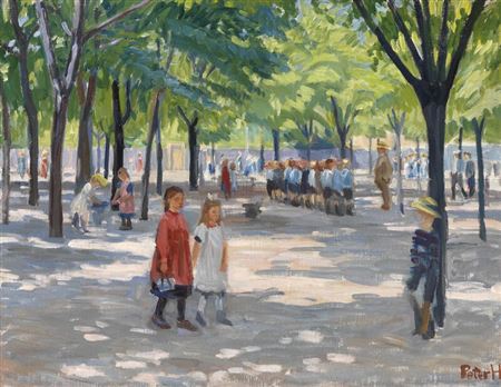 Peter Marius Hansen : A spring day with new-leaved linden trees at Enghave Plads. Two little girls in a red and a white dress walking hand in hand across the square. In the background, a group of boys lining up in front of their teacher.