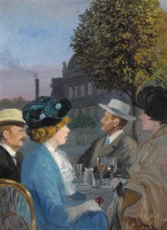 Vilhelm Pacht : “Udenfor Wivel”. Outside Wivel. Two couples enjoying a glass of wine