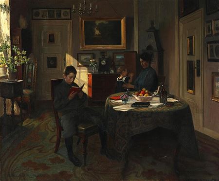 Valdemar Kornerup : Interior with a mother and her children