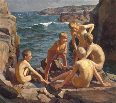 Bertel Hansen-Svaneke : Boys bathing from cliffs at Bornholm