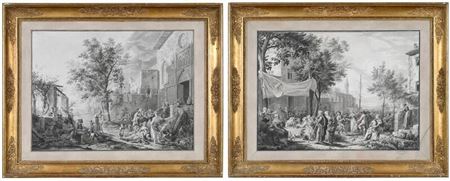 Jean Antoine Constantin d'Aix : Two large drawings: Fete villageoise AND L’Aumone devant l’Eglise