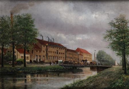 Henri Seghers : View of the Steam Distillery la Couronne Bal & Co at the waterfront in Merksem