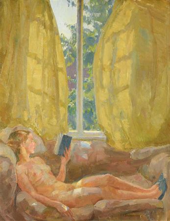 Amy Katherine Browning : Reclining nude reading by a window